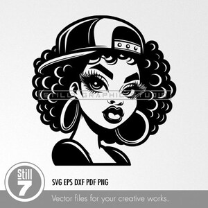 Black Woman's Face SVG, Afro Hair & Cap - Modern Cartoon Style Design - svg eps dxf pdf png