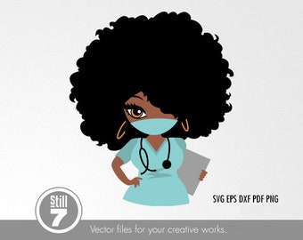 Enfermera con mascarilla SVG - Mujer negra SVG - Mujer afro SVG - Archivo de corte SVG + EPS DXF PDF PNG