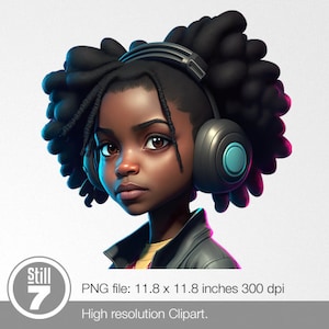 アフロの女の子、ヘッドフォンでパフヘアカット、HD PNG ファイル 300 dpi 透明な背景、デジタル ファイル