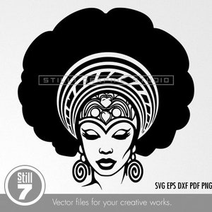 Peut inclure: Illustration vectorielle en noir et blanc d'une femme avec une coiffure afro portant un turban à motifs et des boucles d'oreilles. L'image est un téléchargement numérique pour des projets créatifs.