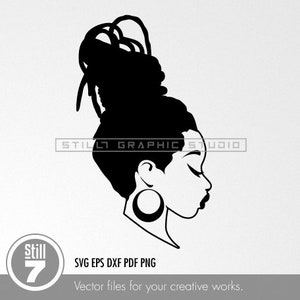 SVG-profiel van een Afro-Amerikaanse vrouw met dreadlocks - eenvoudige zwart-witstijl - SVG-snijbestand + EPS, DXF, PDF, PNG