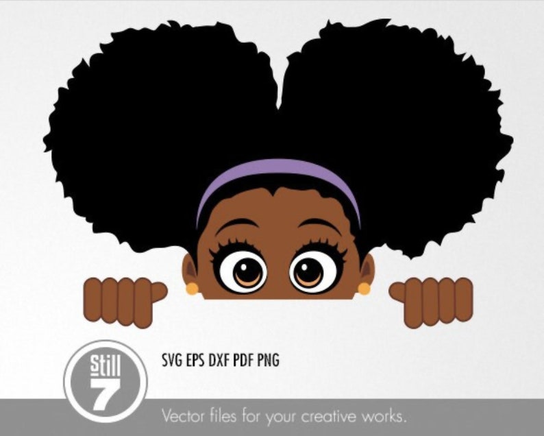 May include: A cartoon illustration of a Black girl with large, brown eyes peeking over a white surface. She has a purple headband and large, curly black hair. Her hands are visible on either side of the surface.