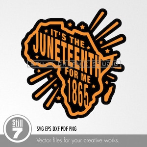 以下が含まれることがあります： オレンジと黒のグラフィックデザイン。アフリカ大陸の輪郭が描かれており、その中に「It's the Juneteenth for me 1865」というテキストが書かれています。グラフィックはオレンジ色の光線と星のバーストで囲まれています。