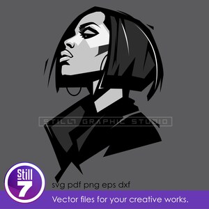 May include: A monochrome graphic of a woman's face in profile, featuring a bob hairstyle and hoop earrings. The image has a minimalist style with a gray background. Text includes "STILLT GRAPHIC STUDIO" and "Vector files for your creative works."