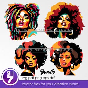 Bundle of 4 African American women pop art portraits – Multi-Layer SVG Files (4 to 7 Colors) - svg eps dxf pdf png
