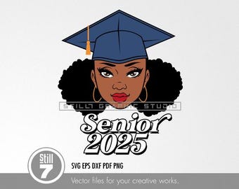 Graduate 2025 SVG File - Modern Illustration of a young black girl graduate, perfect for prints and graduation gifts.