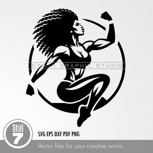SVG Cut File - Muscular and Elegant Afro-American Woman in Fitness - Logo Design - Perfect for DIY Projects and Customizations