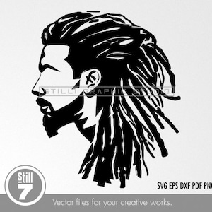 May include: Black and white vector graphic of a person's profile with dreadlocks and a beard. The image includes the text "STILL GRAPHIC STUDIO" and "Vector files for your creative works."