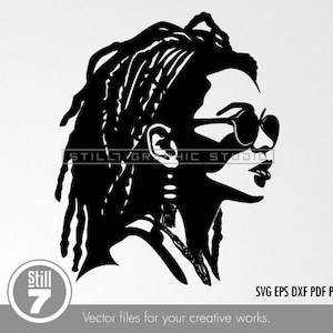 May include: Black and white silhouette of a woman with long dreadlocks wearing sunglasses. The woman is looking to the right side of the image.