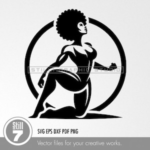 SVG Cut File - Afro Woman Silhouette in Fitness Attire - Dynamic Pose - Elegant and Energetic Design.