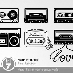 May include: Black and white vector illustrations of retro audio cassette tapes, a boombox, and a cassette player with headphones. The word "love" is written in a cursive font. The image also includes the text "Still 7" and "Vector files for your creative works."