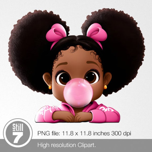 Fille afro, coupe de cheveux puff habillée avec un hoodie rose avec un chewing gum, fichier PNG HD 300 dpi fond transparent, fichier digital