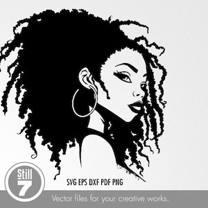 May include: Black and white silhouette of a woman with curly hair, wearing large hoop earrings. The woman is looking to the right, and her face is partially obscured by her hair.