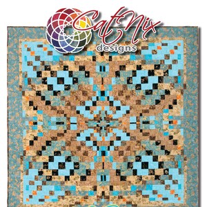 Puede incluir: Una colcha titulada "LORE: Las historias de nuestra vida, Capítulo 4" de Cat Mix Designs. La colcha está hecha de cuadrados de tela coloridos en tonos de marrón, azul y negro. La colcha está hecha por Cat Mix y acolchada por Shawn Leighton de C & L Quilting de Leavenworth, KS. La colcha está hecha con batiks de Celestial Batiks para Siltex de Canadá. La colcha es parte de Plains People of Turtle Island, Serie II, diseñada por Roxanne.