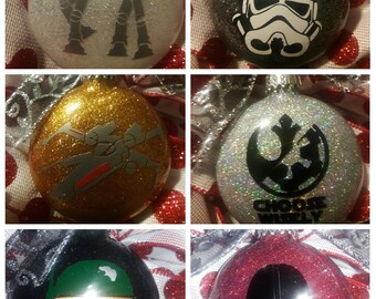 Set of 6 Glitter Glass Disc Star Wars Ornaments; Glitter Disc Ornaments; Personalized Star Wars Ornaments.; Name or Date.