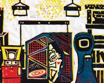 ORIGINAL Arcade Odyssey 8" x 8" Reduction Linocut Print