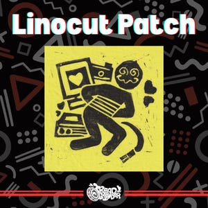 Puede incluir: Un parche cuadrado amarillo con un grabado en linóleo negro de una figura estilizada con cara de remolino, sosteniendo un monitor de computadora con un corazón, junto a una cámara. El texto Linocut Patch aparece en blanco con efecto glitch.