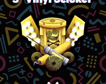 May include: A 3-inch vinyl sticker featuring a yellow cartoon design with a trash can, syringe, and spiral elements. The sticker has a black background with colorful geometric shapes and the text "3" Vinyl Sticker".