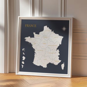France Map, French Regions Map, Detailed Decorative Poster, Blue and white map of France