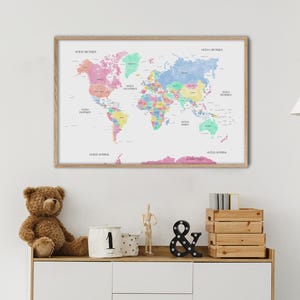 Colorful World Map – Colorful Wall Poster with Country Names and Capitals – Wall Art for Living Room, Bedroom or Playroom