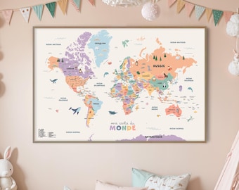 Kids World Map – Estella Collection – Pastel Multicolor – Educational Animal Poster – Montessori Geography Wall Art