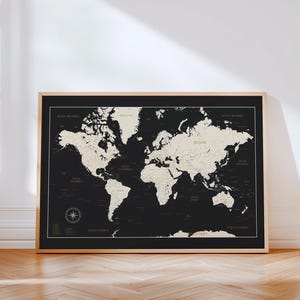 Large World Map – Detailed World Map with Countries and Capitals in Dark Gray – Wall Poster for Living Room – Modern Wall Art