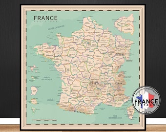 Carte de France bleue, Carte des départements de France, Affiche décorative détaillée, Idée cadeau originale