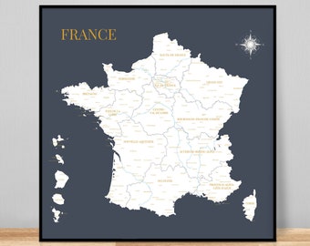 Carte de France, Carte des régions de France, Affiche décorative détaillée, Idée cadeau originale