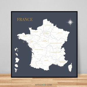 Carte de France, Carte des régions de France, Affiche décorative détaillée, Idée cadeau originale