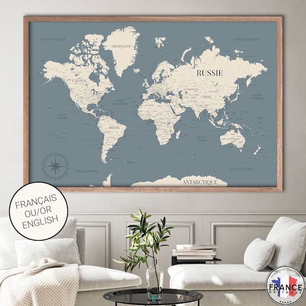 Carte du monde bleue, Mappemonde décorative détaillée, Idée décoration sur le thème du voyage, Idée cadeau originale