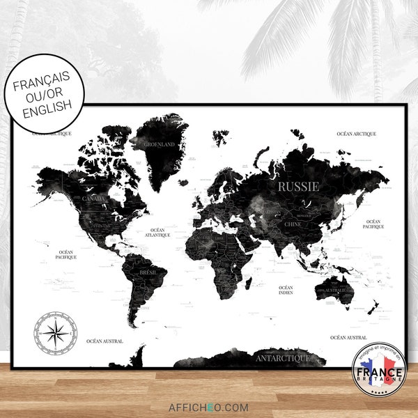 Carte du monde noir et blanc, Mappemonde décorative détaillée, Idée cadeau originale