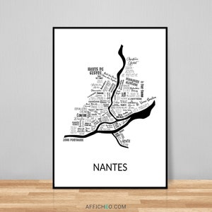 Nantes black and white poster with all the names of the districts