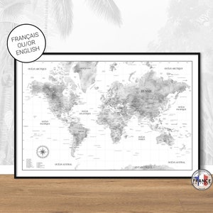 Big map of the world with countries and capitals in English, Detailed black and white tones world map, Wall art print