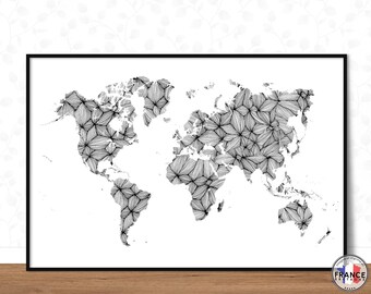 Carte du monde graphique noir et blanc, Affiche moderne pour une déco Scandinave, Affiche murale noir et blanc Bauhaus, Idée cadeau déco