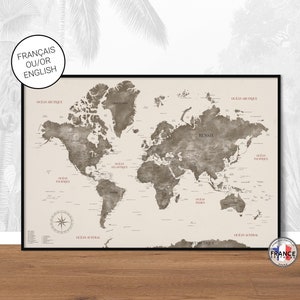Carte du monde vintage texture aquarelle, Mappemonde décorative détaillée, Map monde en français ou anglais, Grand format, Cadeau déco