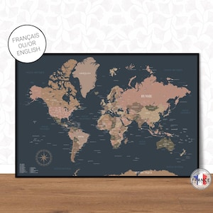 World map wall art, Dark blue and pink colored world map, Detailed decorative world map, World map poster, Modern world map, Gift for dad