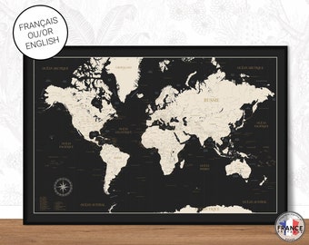 Large world map, Dark grey world map with countries and capitals, Detailed dark gray world map, Wall art print for living room
