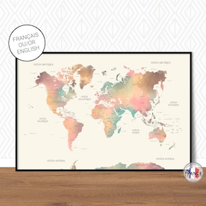 World map in English with countries borders and their capitals, colorful world map with watercolor effect.