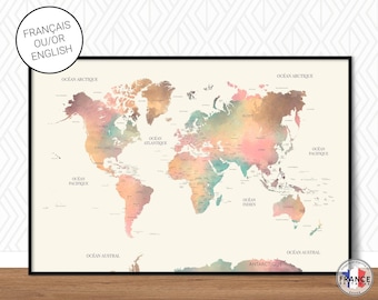 World map in English with countries borders and their capitals, colorful world map with watercolor effect.