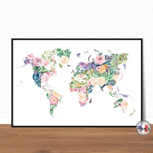 Carte du monde fleurie, Mappemonde tropicale, Affiche déco tropicale, Déco shabby chic, Fleurs aquarelles, Succulentes, Poster original