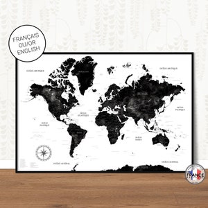 Black and white world map, Large artistic map, World map print, Watercolor world map, World map wall decor, Map for living room