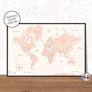 Carte du monde rose pastel, Mappemonde décorative détaillée, Map monde en français, Affiche grand format, Idée cadeau originale