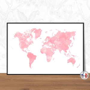 Carte du monde minimaliste rose effet aquarelle, Grande mappemonde déco idéale, Map monde en français ou anglais, affiche déco chambre fille