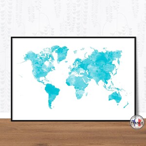 Carte du monde aquarelle bleue turquoise, Mappemonde minimaliste, Affiche déco pour la chambre de bébé, Affiche style scandinave