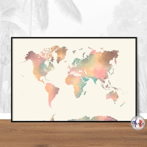 Carte du monde vierge aux couleurs pastels, Mappemonde minimaliste, Décoration murale pour le bureau, Affiche déco style scandinave