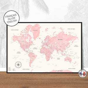 Carte du monde rose aquarelle, Mappemonde décorative détaillée, Map monde en français, Affiche déco sur le thème du voyage