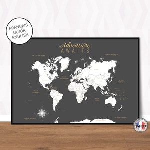 Carte du monde avec pays et capitales en français, Planisphère détaillée grise, Mappemonde murale, Map monde en français, Déco thème voyage