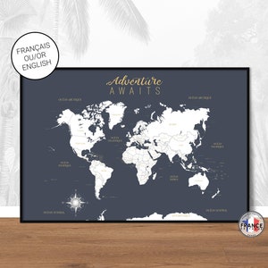 Dark blue world map, Adventure's Awaits, with country names and their capitals, Printed large world map, Map of the world, World map poster