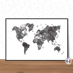 Carte du monde aquarelle noir et blanc, Affiche de décoration pour la maison, Mappemonde minimaliste noir et blanc, Idée cadeau crémaillère