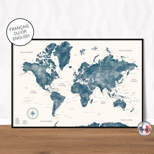 Carte du monde bleue avec une texture aquarelle, Mappemonde déco détaillée, Affiche grand format, Idée cadeau originale pour crémaillère